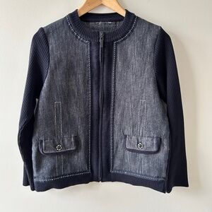 Tanjay Denim Sweater Women's size Medium Full Zip Cross Stitch Business  Casual